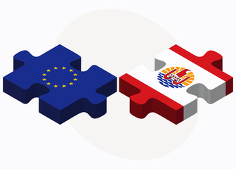 European Union and French Polynesia Flags in puzzle isolated on