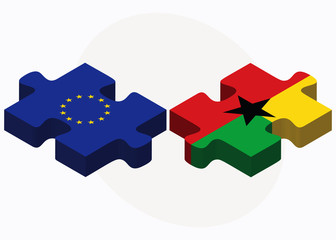 European Union and Guyana Flags in puzzle isolated on white back