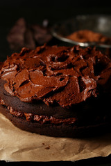 Tasty chocolate cake on table, close-up