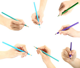 Collage of female hands with pencils, isolated on white