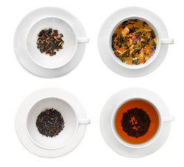Cups of herbal tea isolated on white