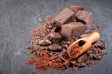 Chocolate, cocoa beans and cocoa powder