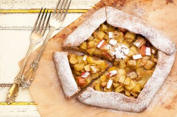 Homemade pie with rhubarb. top view