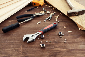 Workplace with construction tools close up