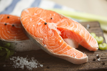 Raw salmon steaks, close-up