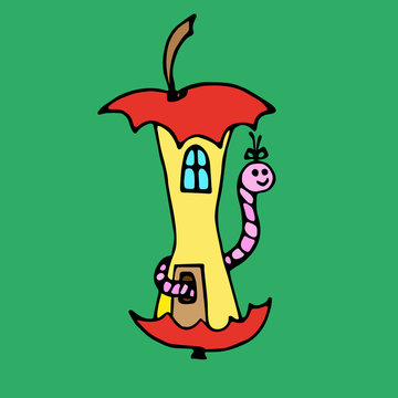 Apple house for earthworm on green background