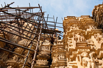 Restoration famous Kandariya Mahadeva Temple in Khajuraho, India