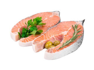 Fresh uncooked salmon steaks.