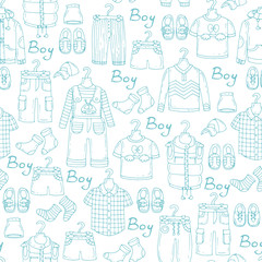 Fototapeta na wymiar Vector seamless pattern with hand drawn and fashionable clothes for little boys on white background. Background for use in design, web site, packing, textile, fabric