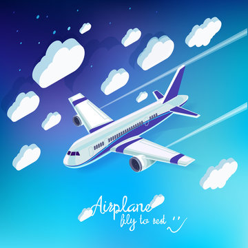 Vector concept of detailed airplane flying through clouds, flat illustration.