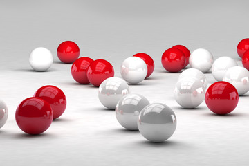 Lots of white and red balls interact. 3D render image. © marinv