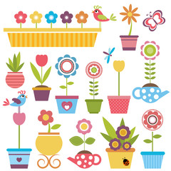 Cute spring colorful flowers in pots