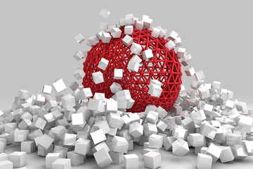 Crash of white cubes and hollow sphere. 3D render image. © marinv