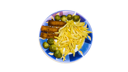 food on plate isolated chips cabbage fish