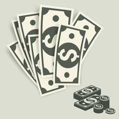 Paper bank notes and coins, money signs on grey, vector