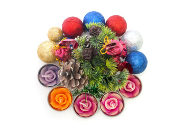 bump, candles, Christmas toys on top of a white background