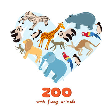 Stylized heart on the theme of zoo with funny animals on white background. Vector for use in design