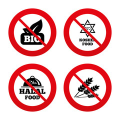 Natural Bio food icons. Halal and Kosher signs.