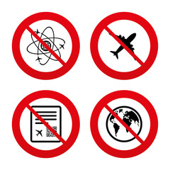 Airplane icons. World globe symbol.