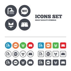 Swimming pool icons. Shower and swimwear signs.