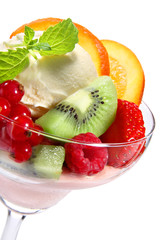 Ice cream with fruits in vase