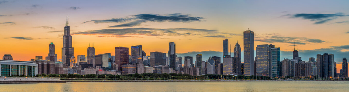 Chicago downtown skyline and lake michigan at sunset
