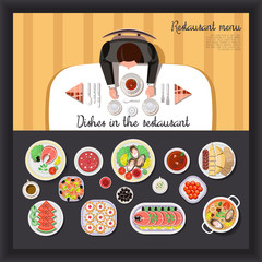 A man sitting at a table in a restaurant. Served table with dishes. Menu of dishes to choose from. Top view. Vector flat illustration.Catering business