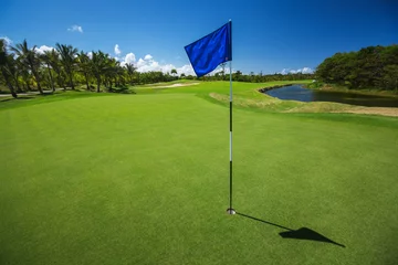 Fotobehang Golfbaan. Prachtig landschap van een golfbaan met palmbomen © ValentinValkov