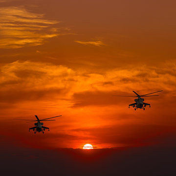 Mi-8 helicopters, warm sunset, sunset on the beach