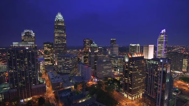 Charlotte, North Carolina, USA uptown skyline footage at night.