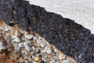 Damaged asphalt. Layer of clay that were eroded
