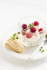 cottage cheese with raspberries and thyme and flax seeds and puff 