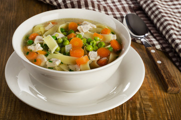 Chicken noodles soup  on  wooden table.