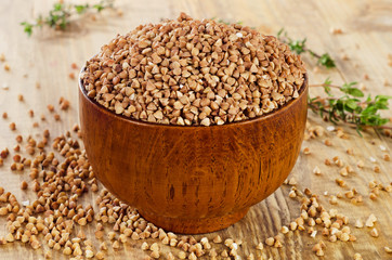 Buckwheat  on  old  rustic wooden table.