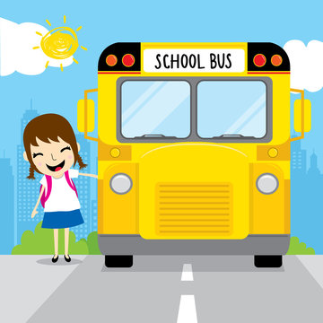 Girl student go to school by school bus in the morning kid cartoon design vector
