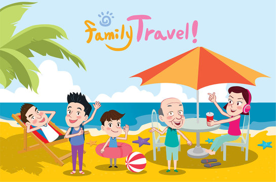 Summer holidays vector illustration,flat design family travel and beach concept