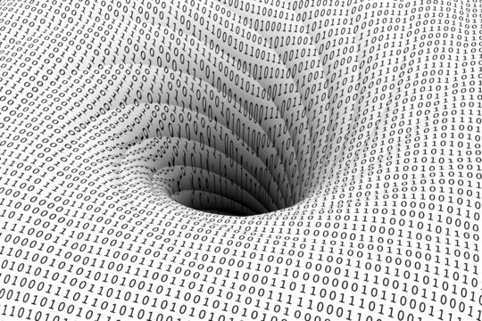 binary code is pulled into a black hole