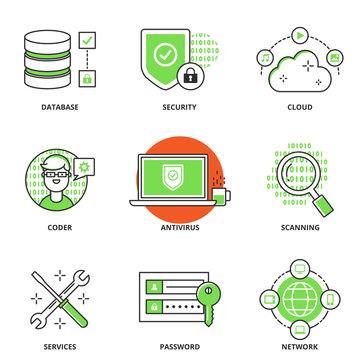 Computer network and security vector icons set: database, securi