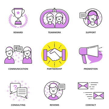 Customer support and management vector icons set: reward, teamwo