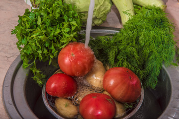 Vegetables food kitchen sink wet red organic fruits tomato domes
