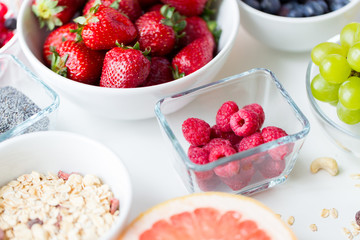 close up of fruits and berries in bowl on table