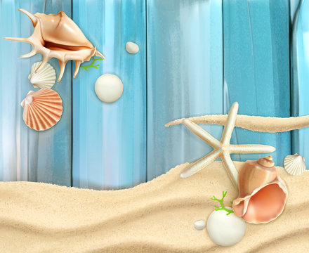 Seashells on sand and wooden background