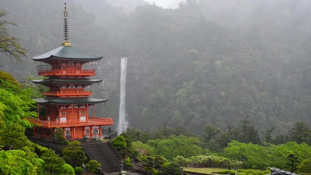 Nachi, Japan at Nachi Taisha Shrine Pagoda and waterfall.