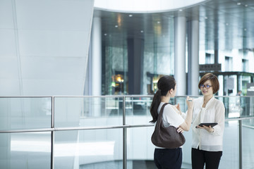 Company employee have a stand talking in the office building