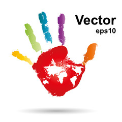 Vector onceptual children painted hand print and map isolated