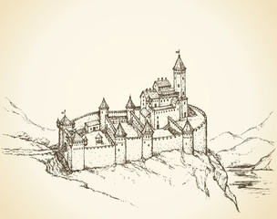 Castle Romanesque style. Vector drawing