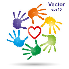 Vector conceptual children painted hand print and heart isolated