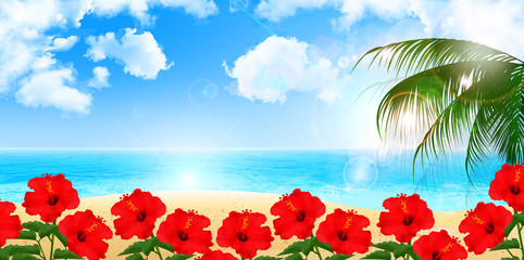 ヤシ　ハイビスカス　海 © J BOY