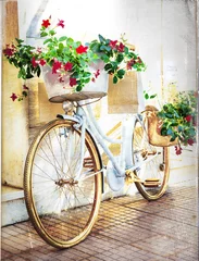 Gordijnen bloemen fiets - vintage kaart © Freesurf