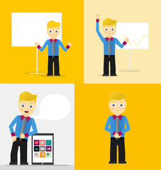 Poses of young businessmen, presentation white board, leaning on